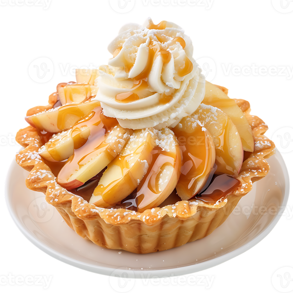 Caramel apple tart with vanilla ice cream in a caramel cup png