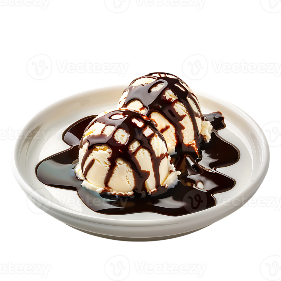 A plate adorned with ice cream drizzled in chocolate sauce is set apart png