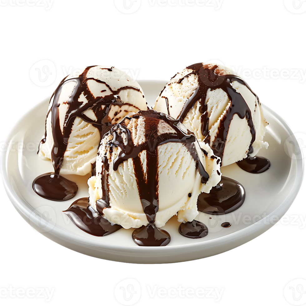 A plate adorned with ice cream drizzled in chocolate sauce is set apart png