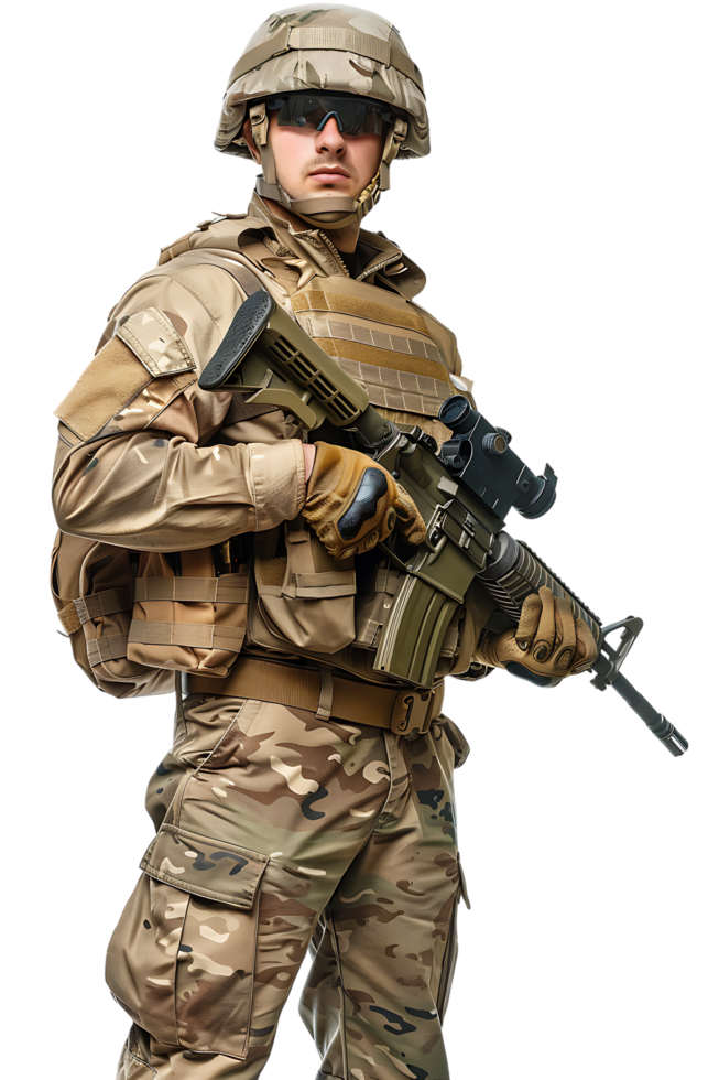 A soldier armed and vigilant stands ready to defend and protect png
