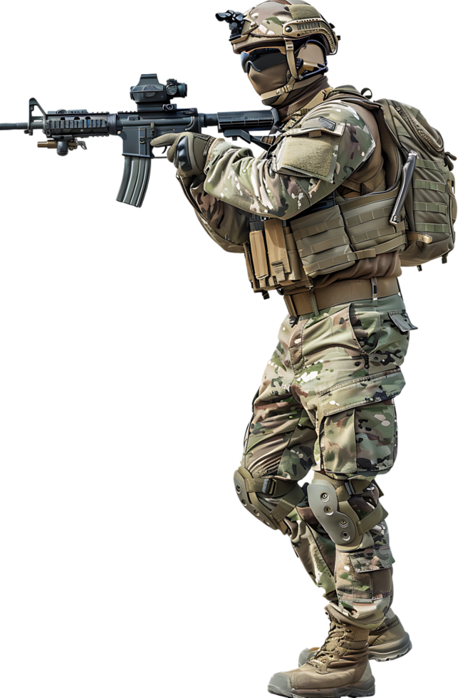 A soldier armed and vigilant stands ready to defend and protect png