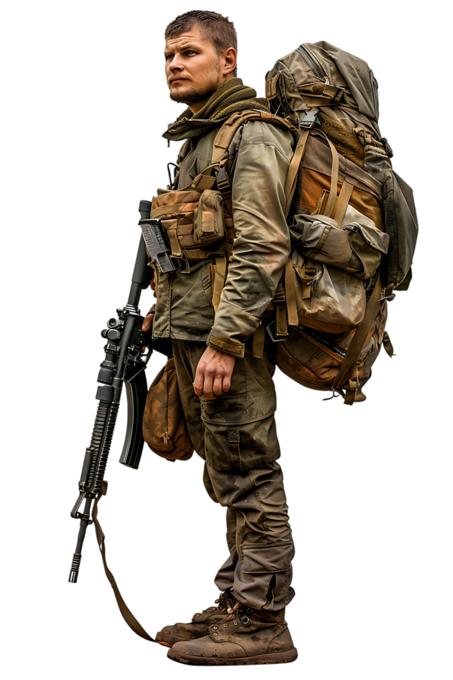 A soldier armed and vigilant stands ready to defend and protect png