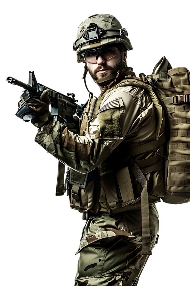 A soldier armed and vigilant stands ready to defend and protect png