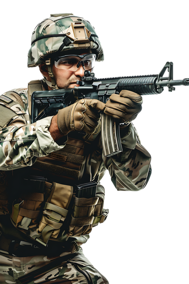 A soldier armed and vigilant stands ready to defend and protect png