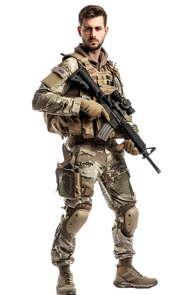 A soldier armed and vigilant stands ready to defend and protect png