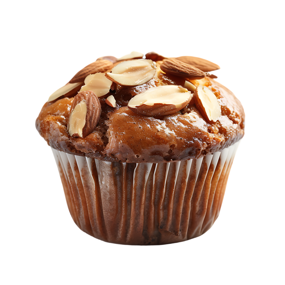 A solitary muffin topped with almonds stands alone against a stark transparent backdrop png