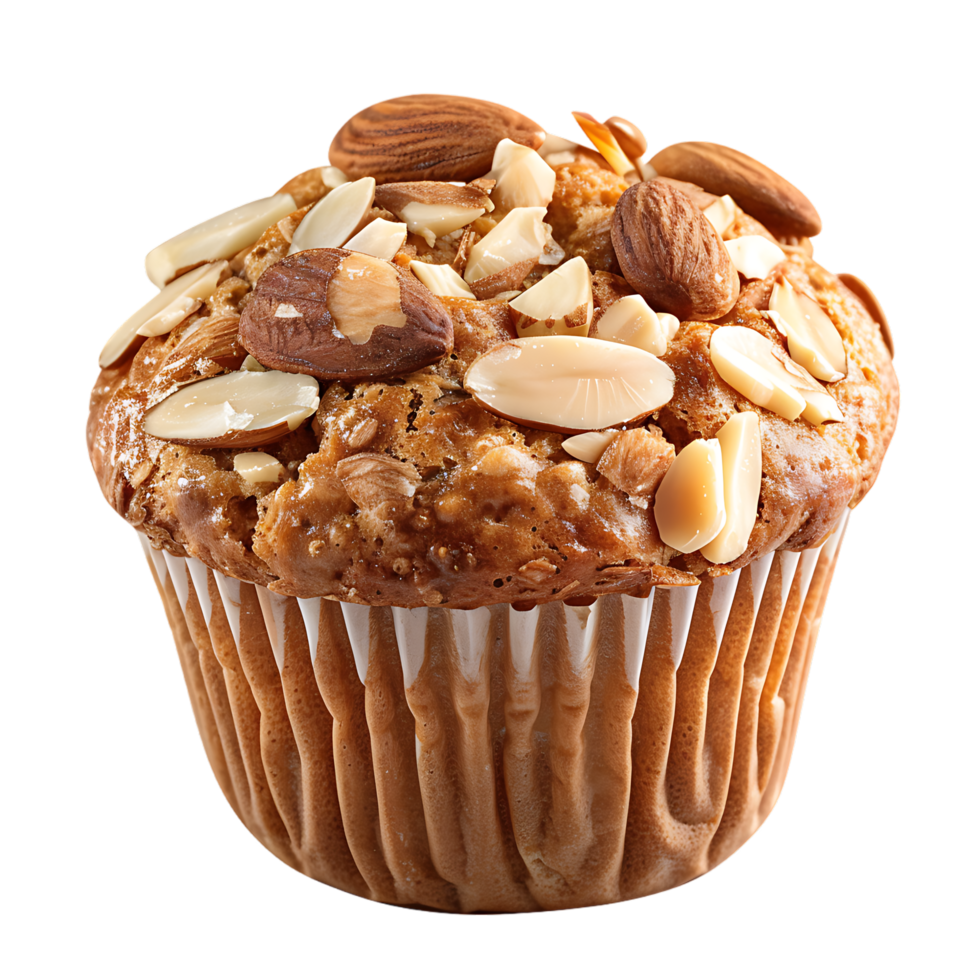 A solitary muffin topped with almonds stands alone against a stark transparent backdrop png