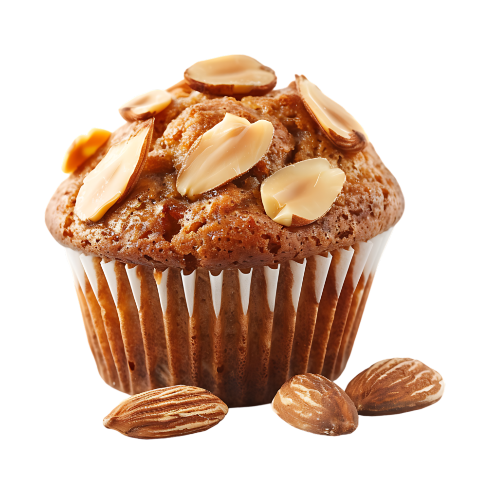 A solitary muffin topped with almonds stands alone against a stark transparent backdrop png