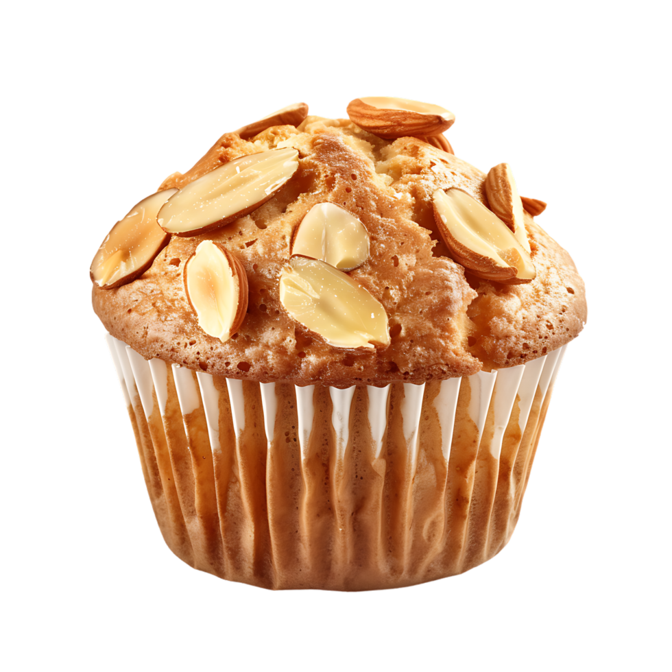 A solitary muffin topped with almonds stands alone against a stark transparent backdrop png