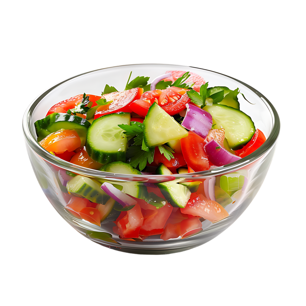 Fresh vegetable salad in a glass dish isolated against transparent background png