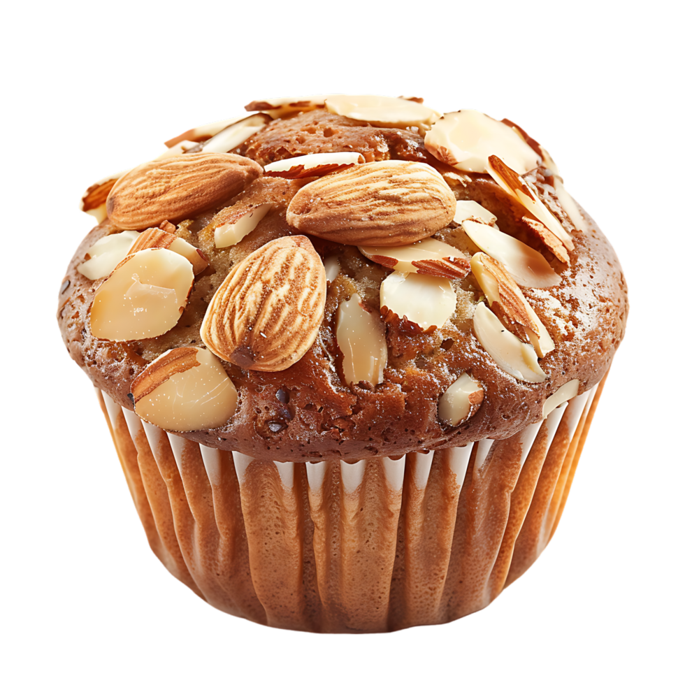 A solitary muffin topped with almonds stands alone against a stark transparent backdrop png
