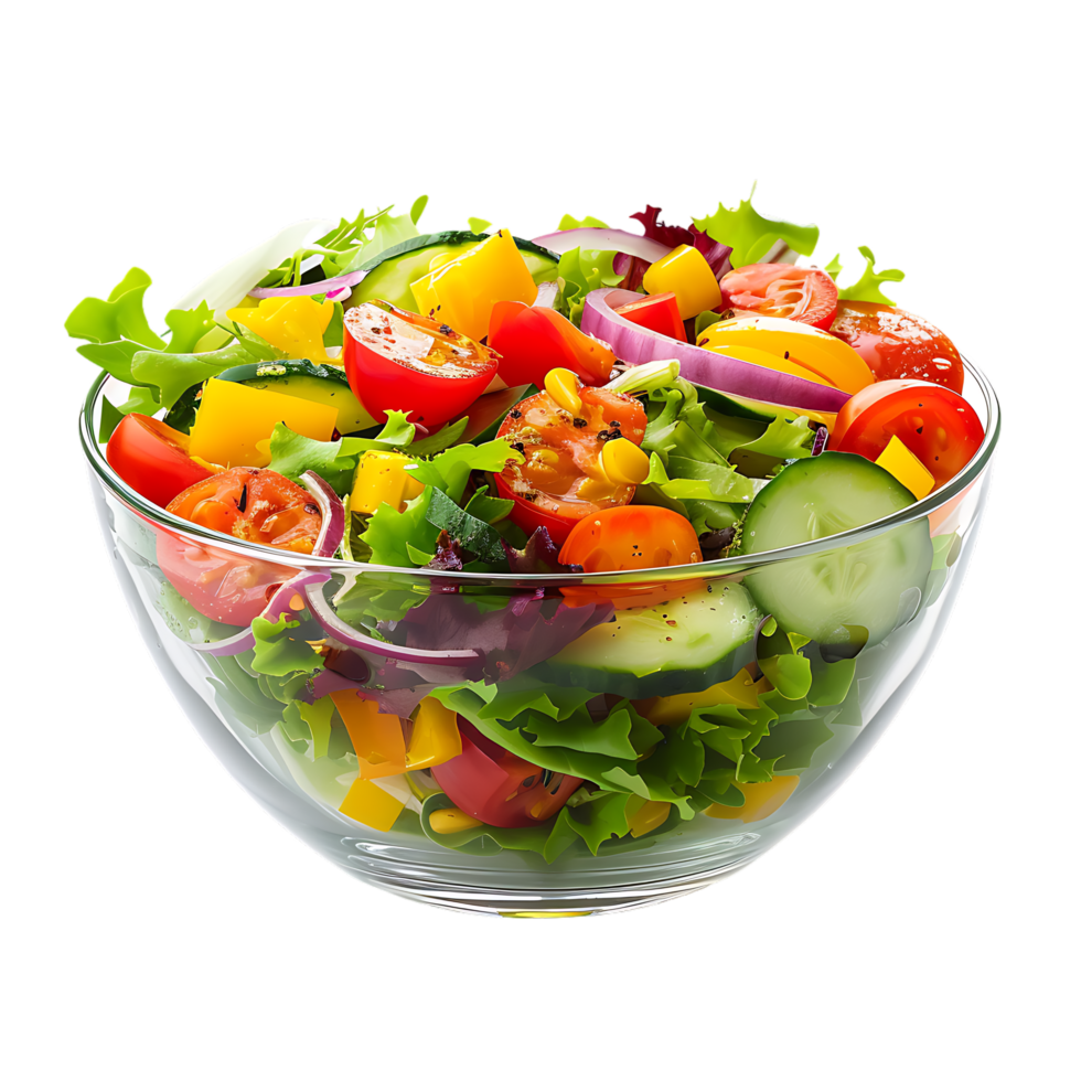 Fresh vegetable salad in a glass dish isolated against transparent background png