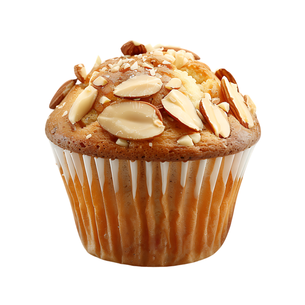 A solitary muffin topped with almonds stands alone against a stark transparent backdrop png