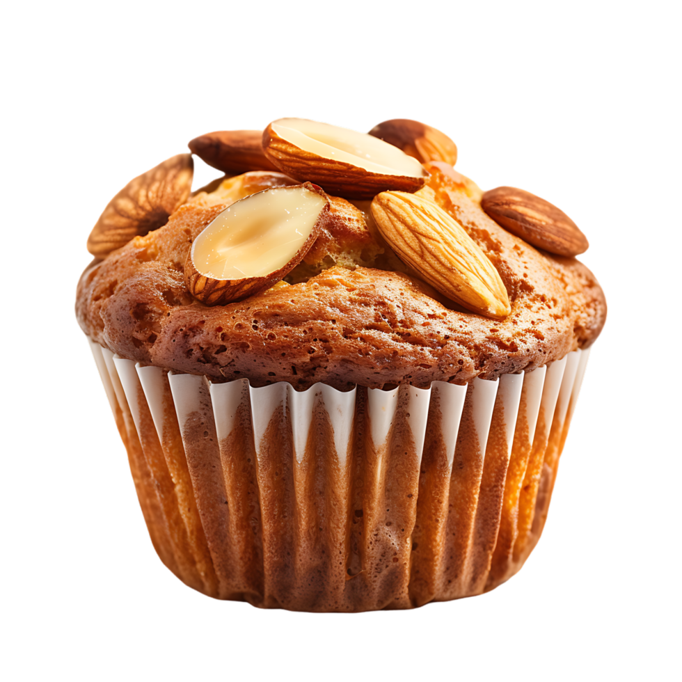 A solitary muffin topped with almonds stands alone against a stark transparent backdrop png