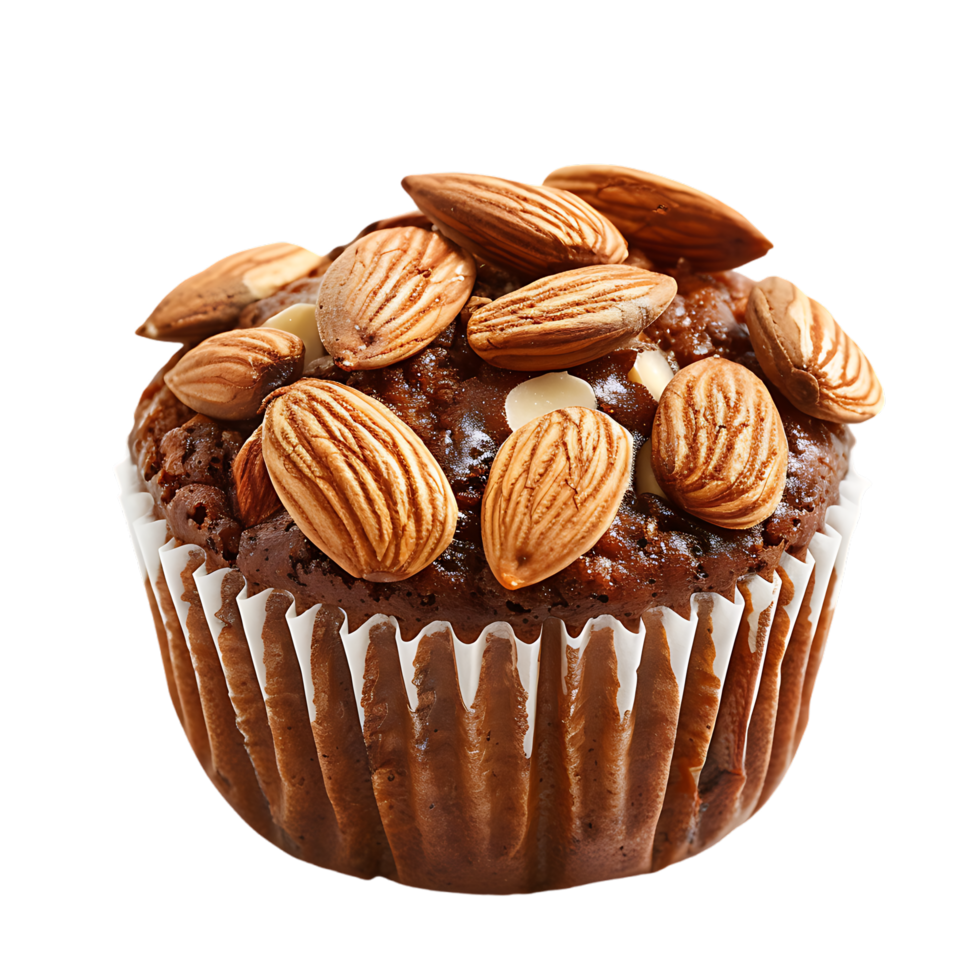 A solitary muffin topped with almonds stands alone against a stark transparent backdrop png