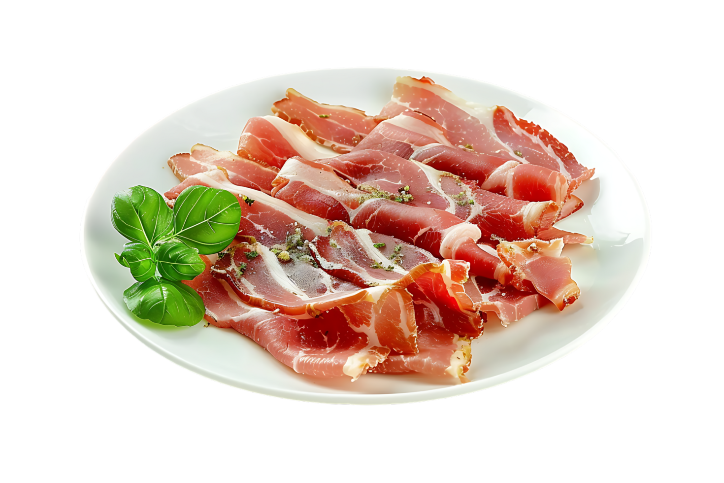 Bacon placed on a plate, isolated against a transparent background png