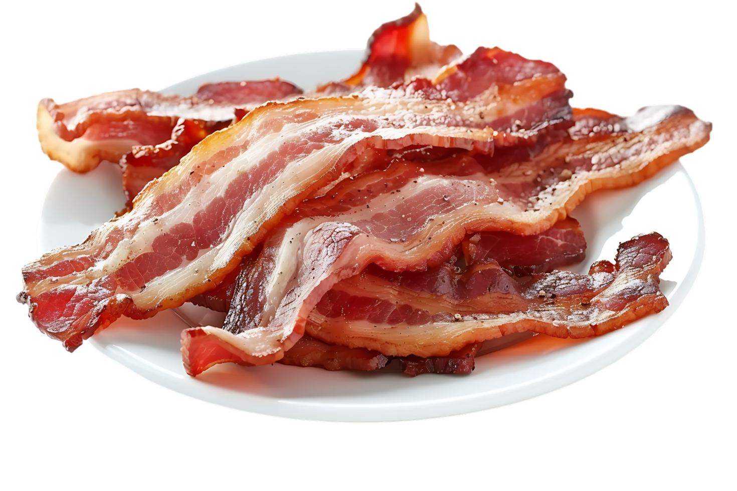 Bacon placed on a plate, isolated against a transparent background png