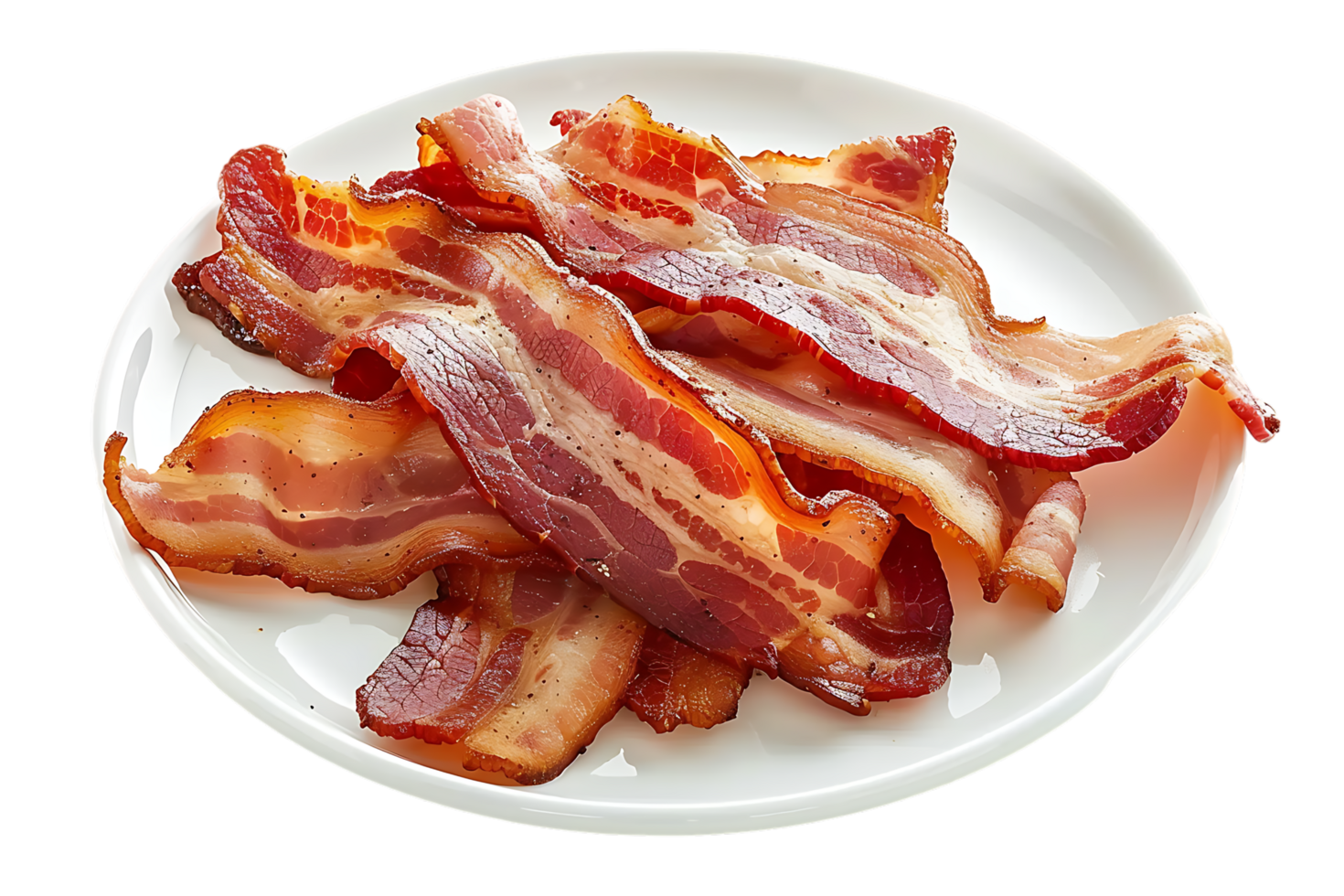Bacon placed on a plate, isolated against a transparent background png