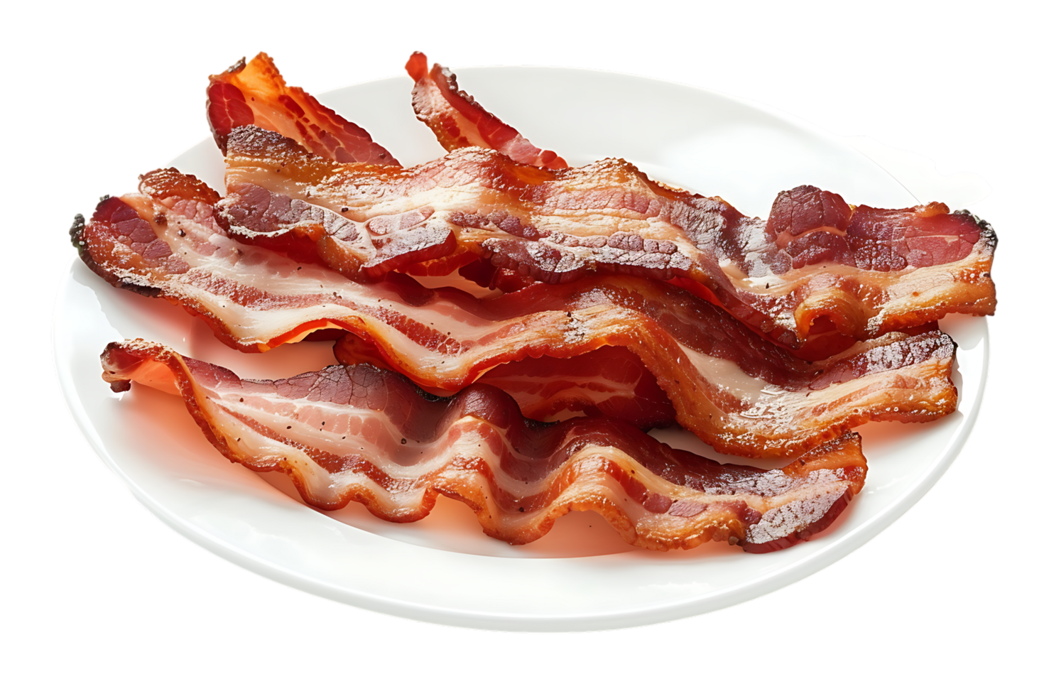 Bacon placed on a plate, isolated against a transparent background png