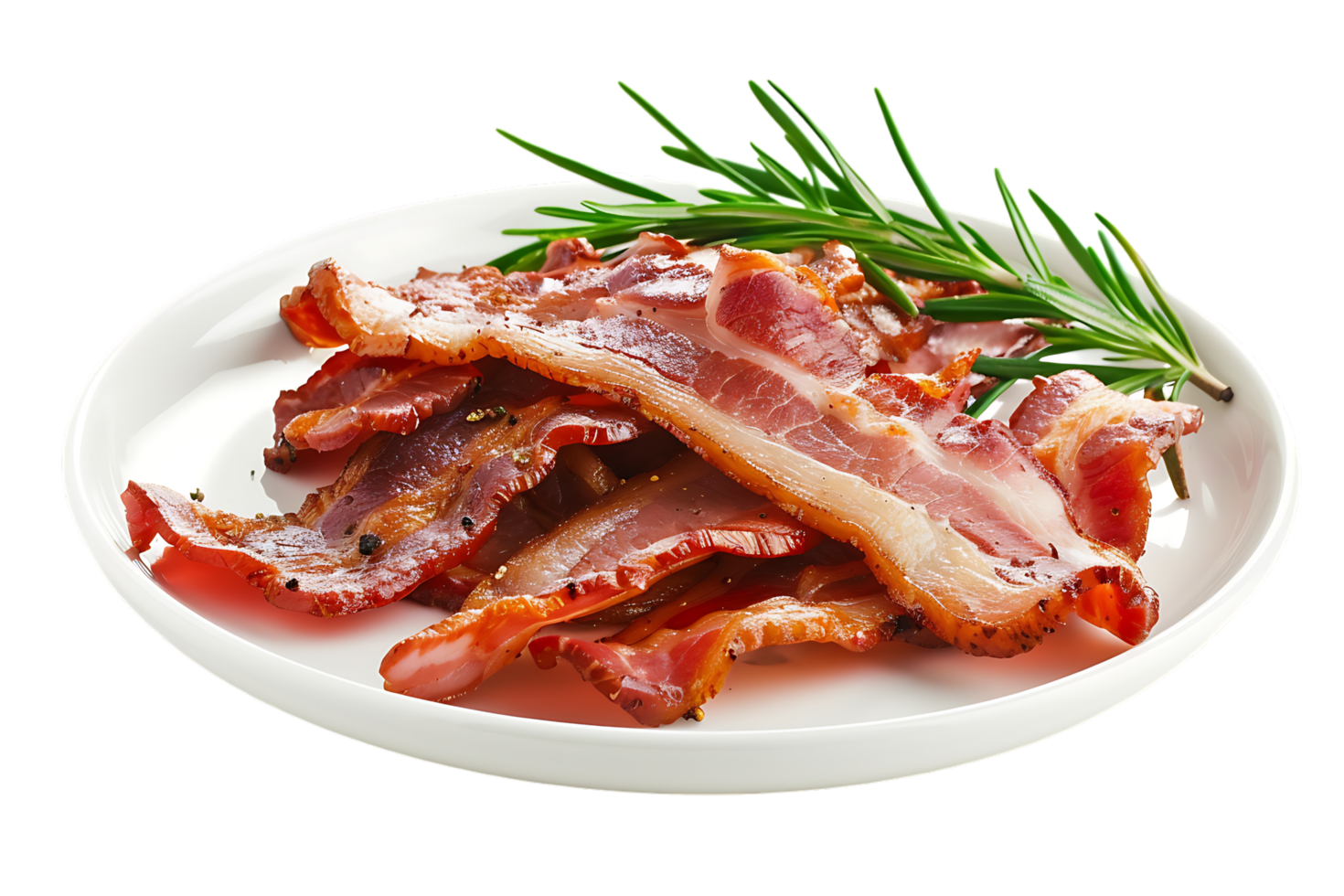 Bacon placed on a plate, isolated against a transparent background png