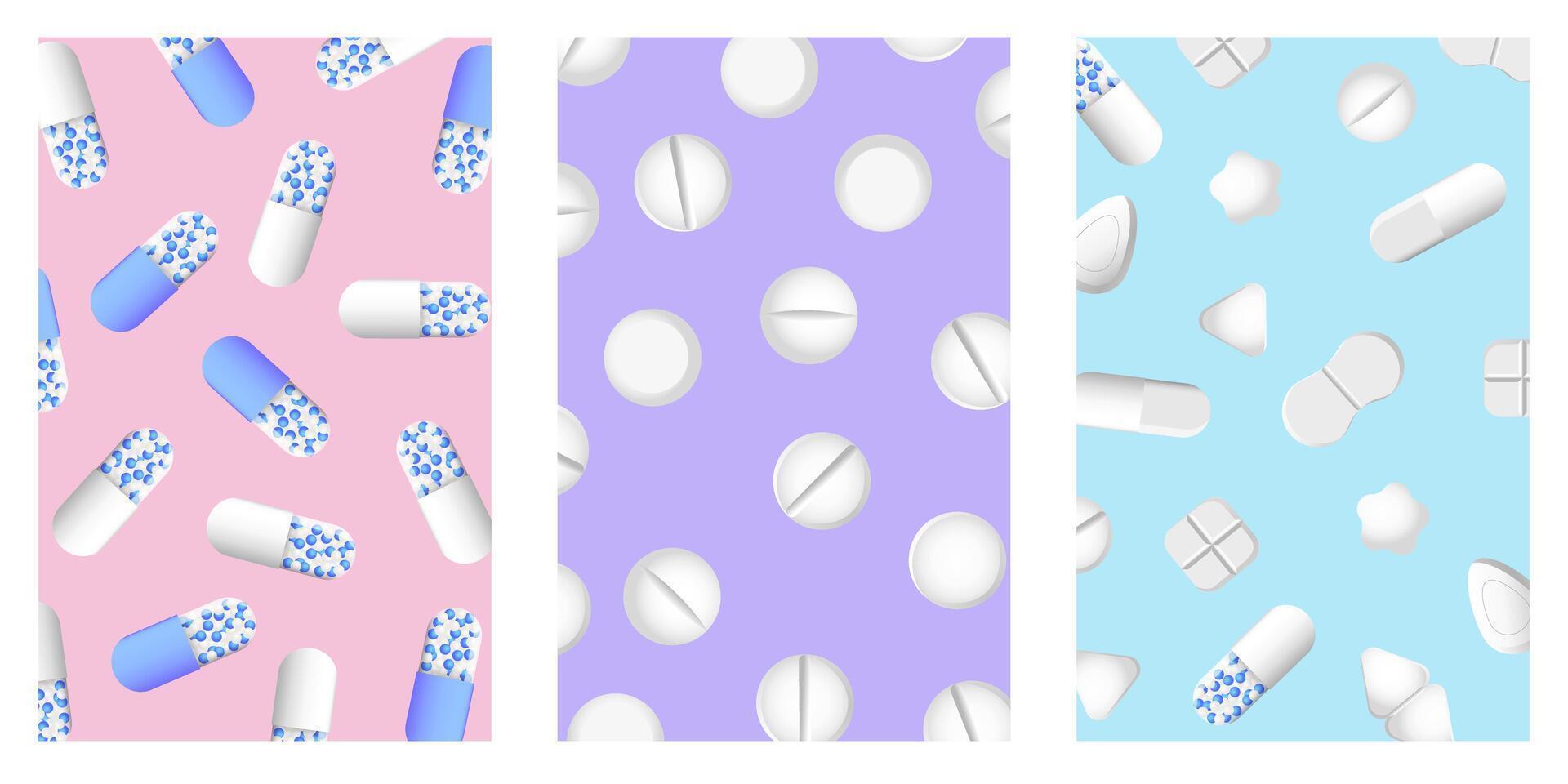 Set of medical pills, capsules and tablets on Set of medical pills, capsules and tablets on on colored backgrounds. Minimal pharmacy concept. Illustration EPS10 vector