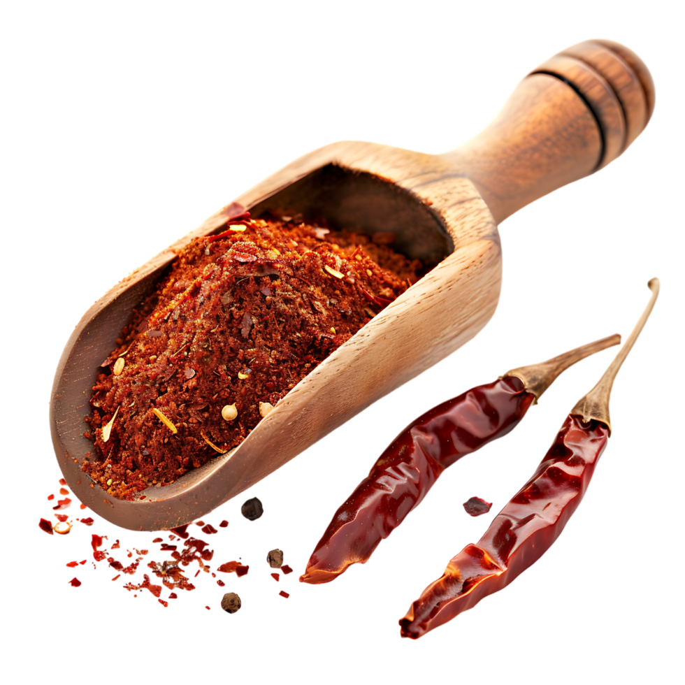 Chili powder in wooden spoon with dry red chilly against transparent background png