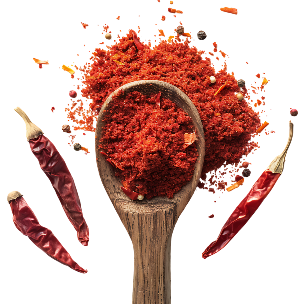 Chili powder in wooden spoon with dry red chilly against transparent background png