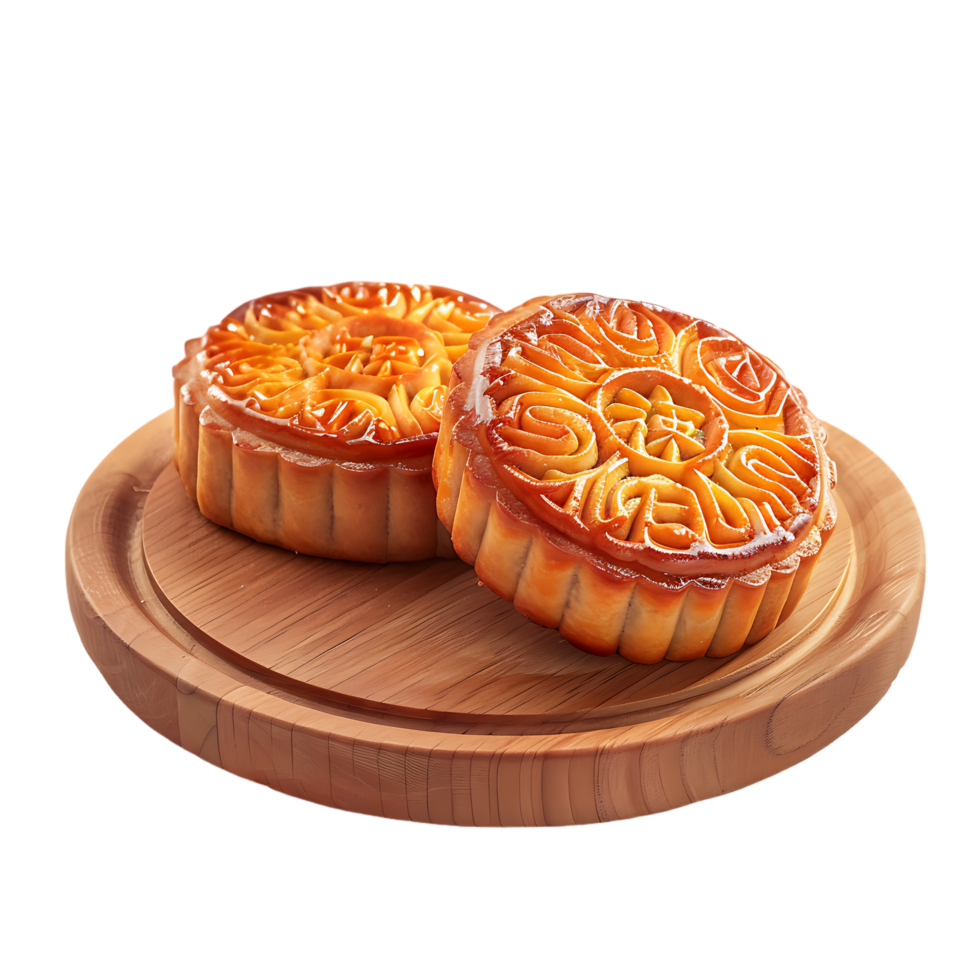 Fresh moon cake on wood plate png