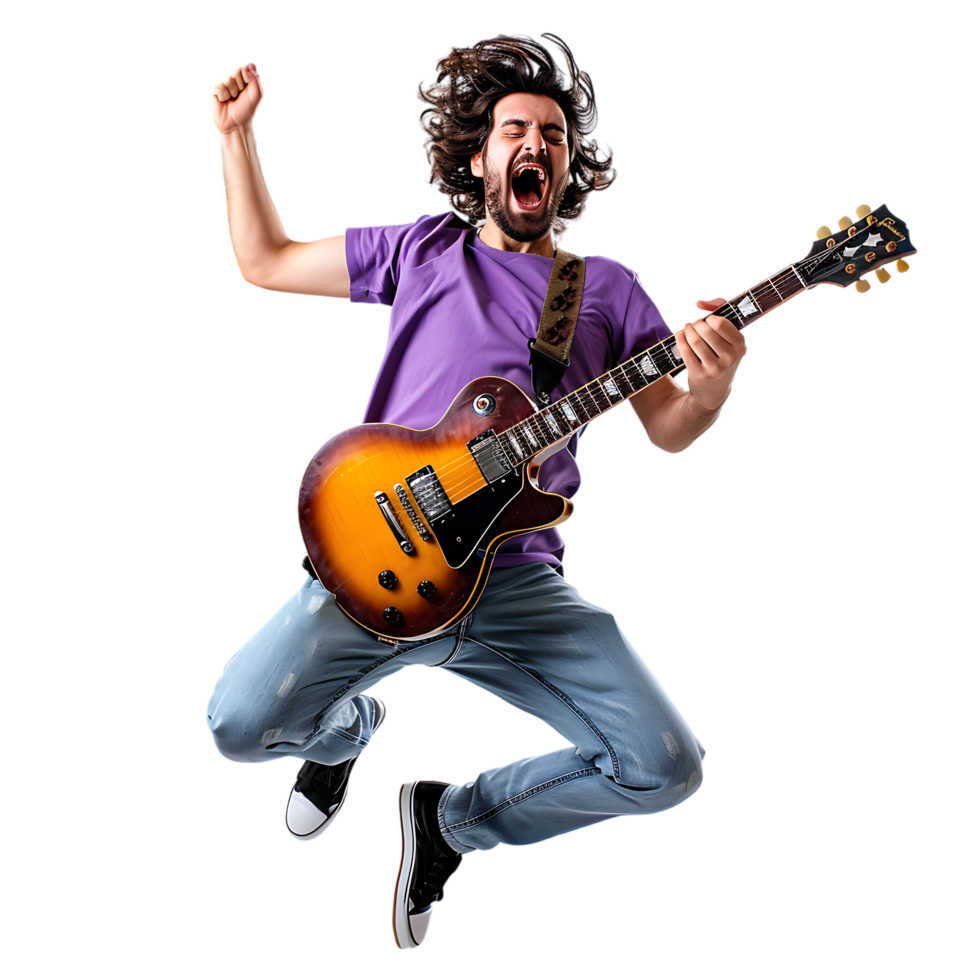 Full body singer excited happy young man he wears purple t shirt jump high playing guitar png