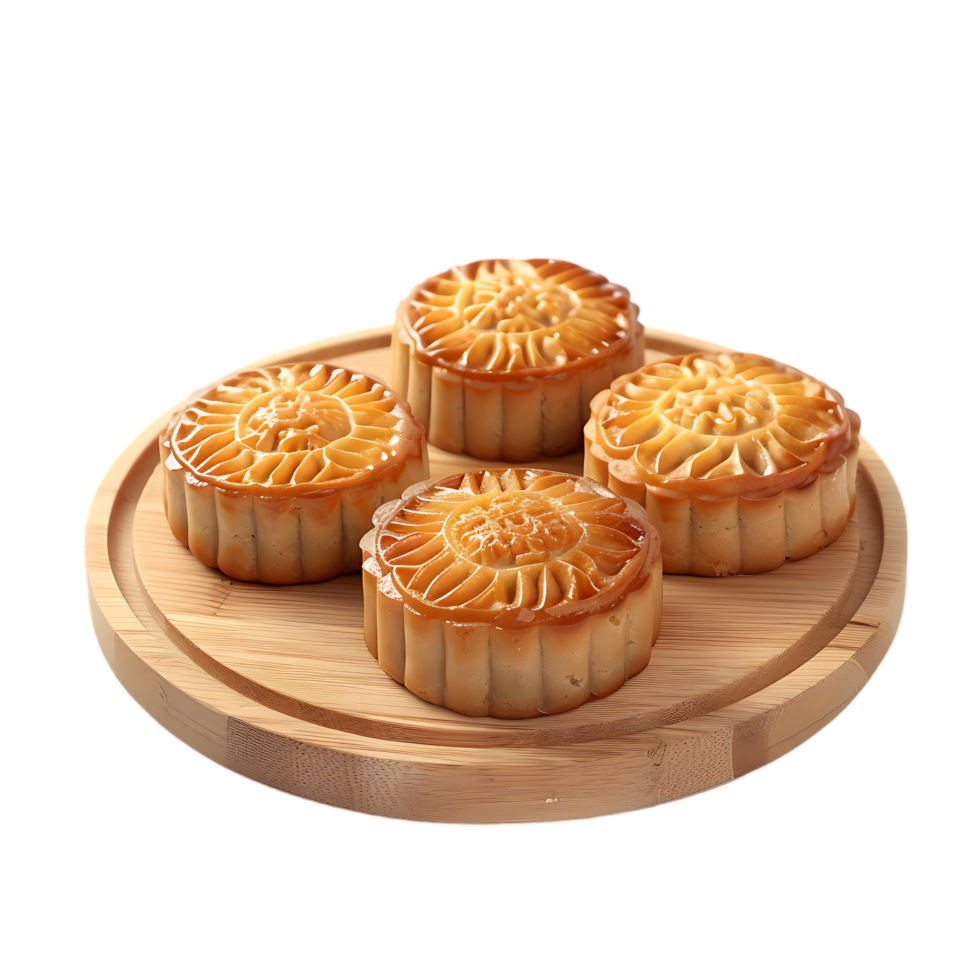 Fresh moon cake on wood plate png