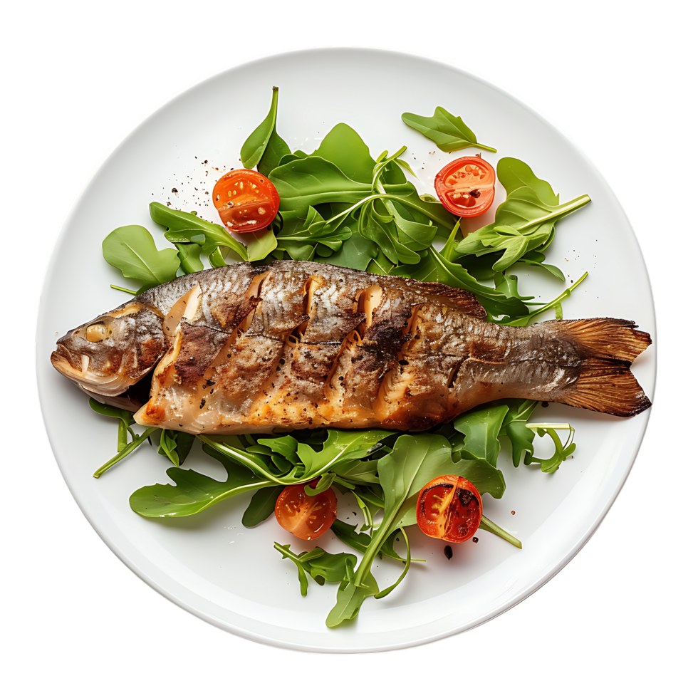 Fish roasted with greens on the plate png