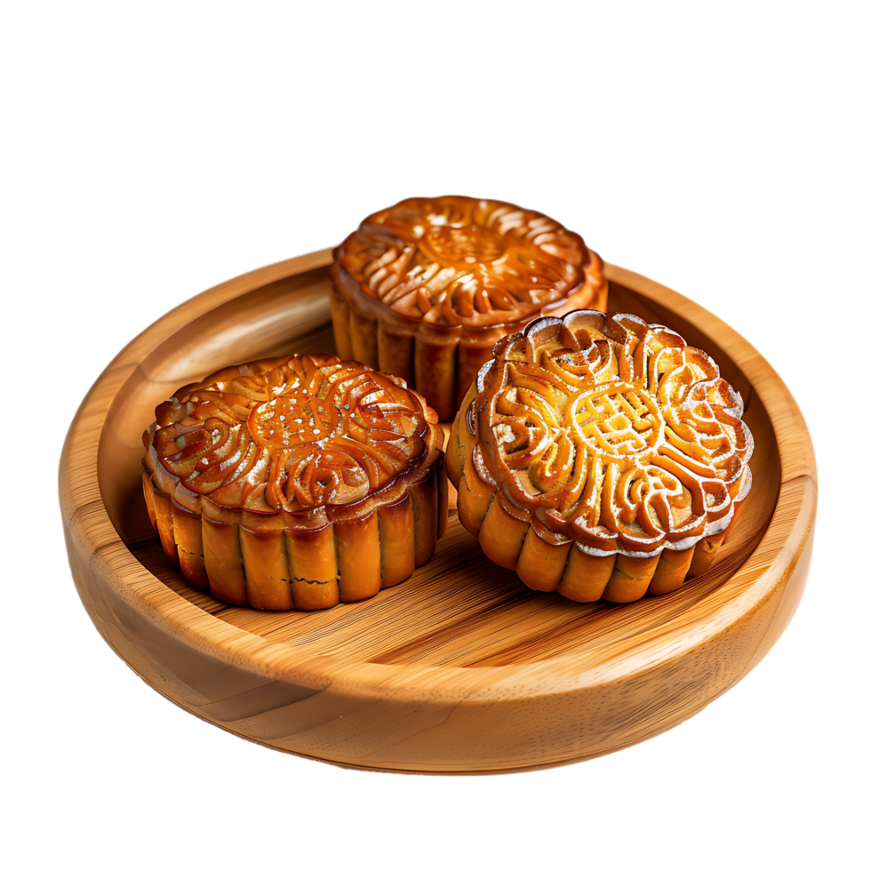 Fresh moon cake on wood plate png