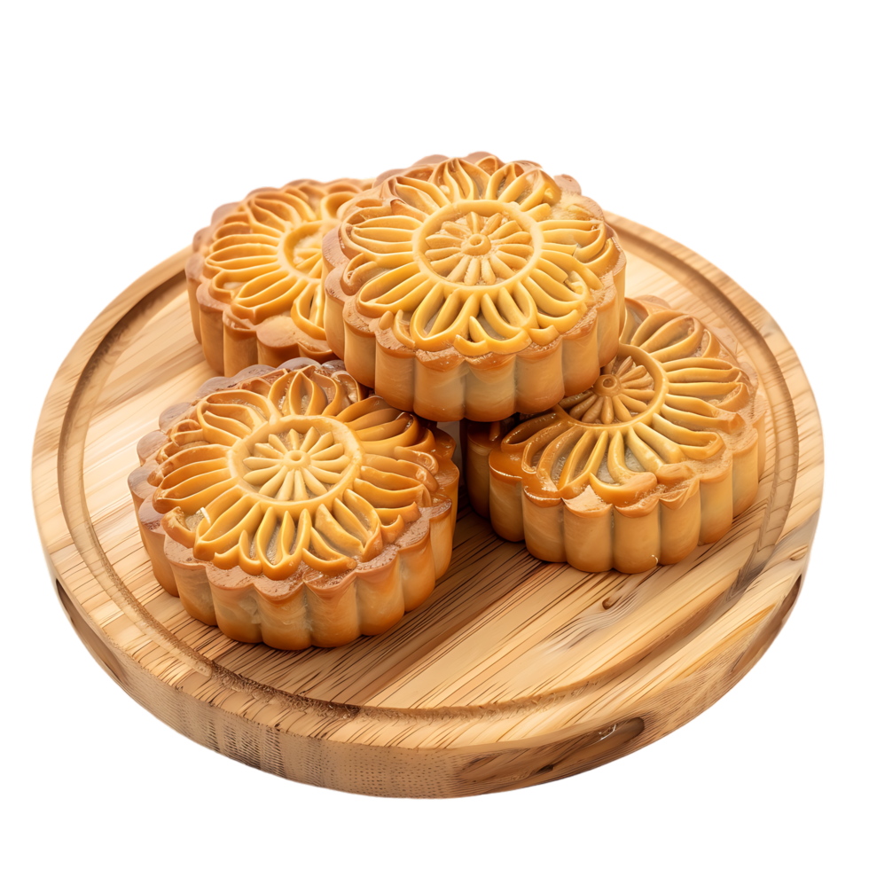 Fresh moon cake on wood plate png