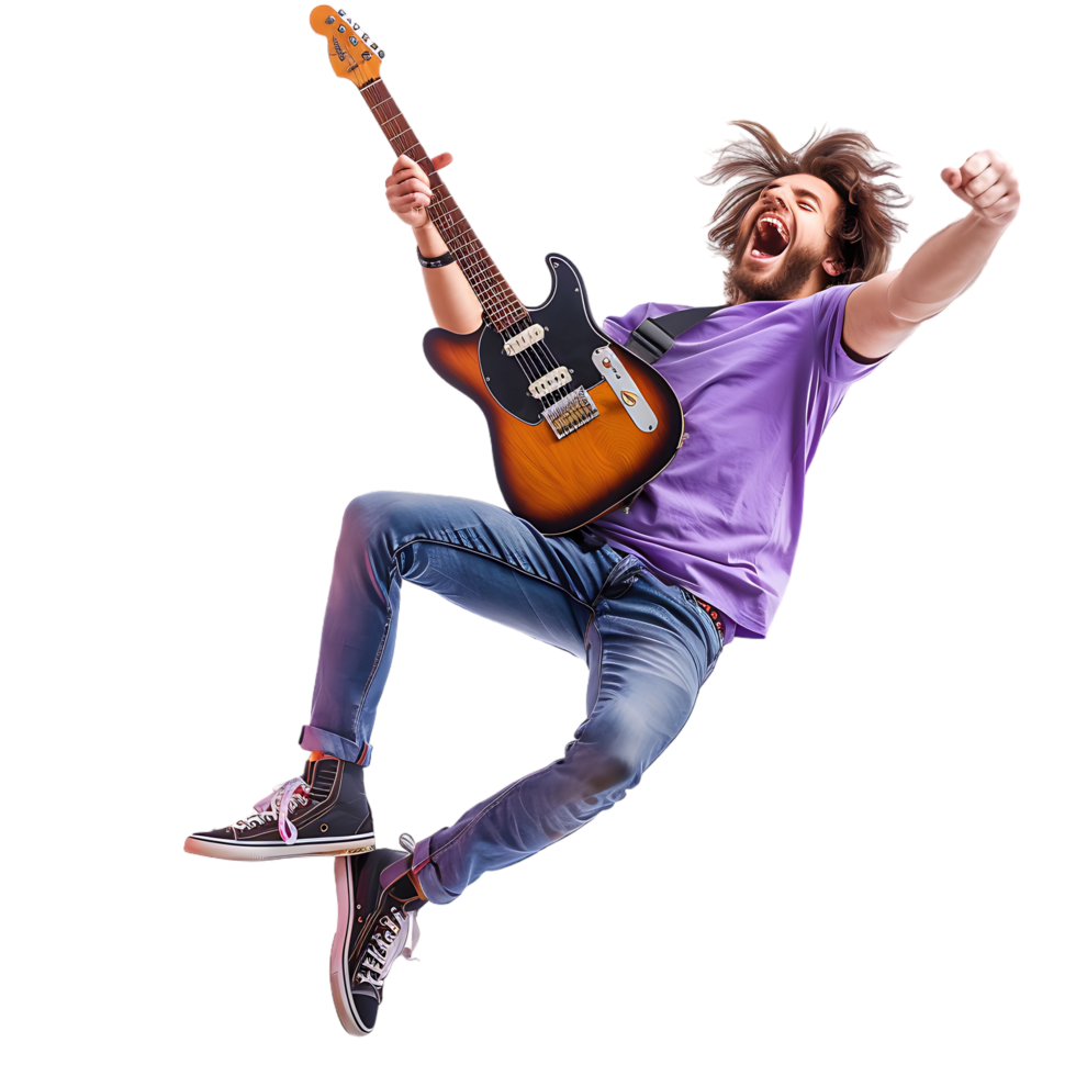 Full body singer excited happy young man he wears purple t shirt jump high playing guitar png