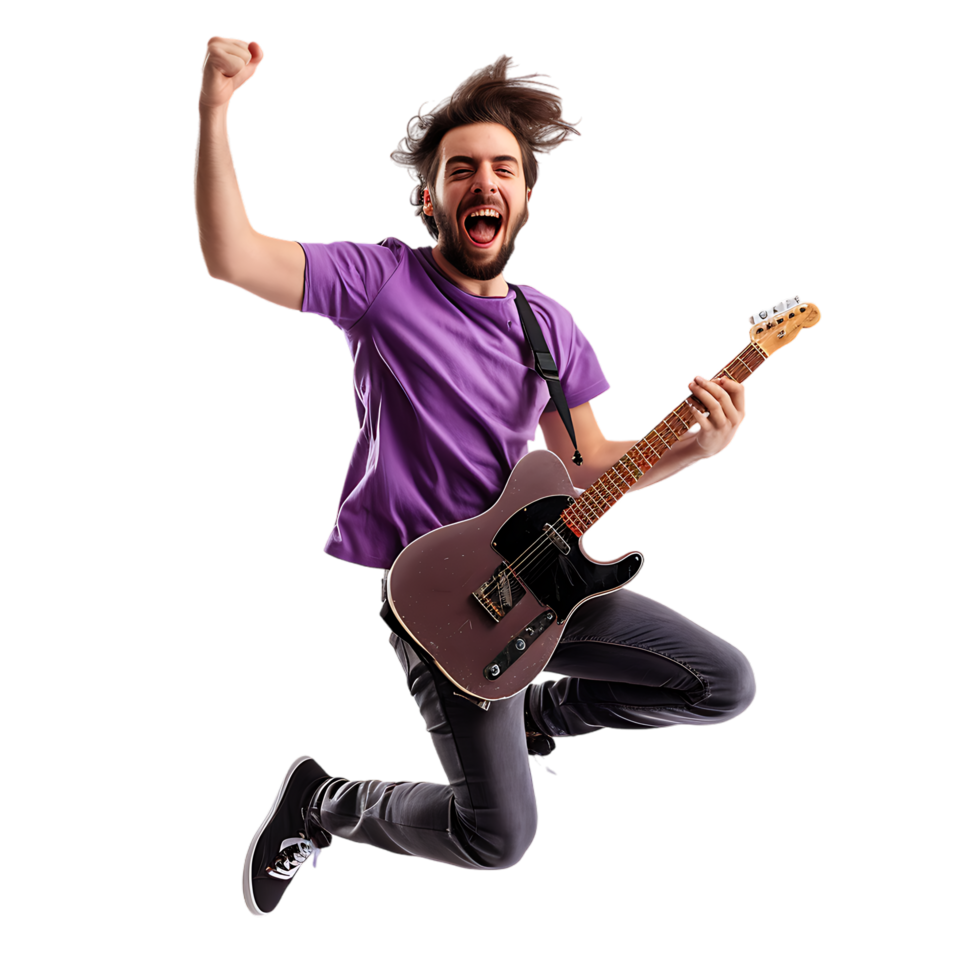 Full body singer excited happy young man he wears purple t shirt jump high playing guitar png