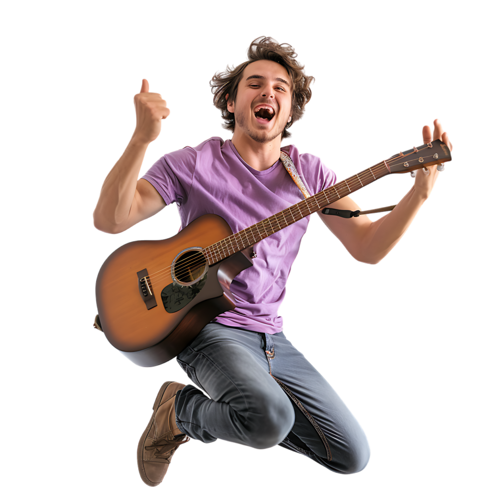 Full body singer excited happy young man he wears purple t shirt jump high playing guitar png