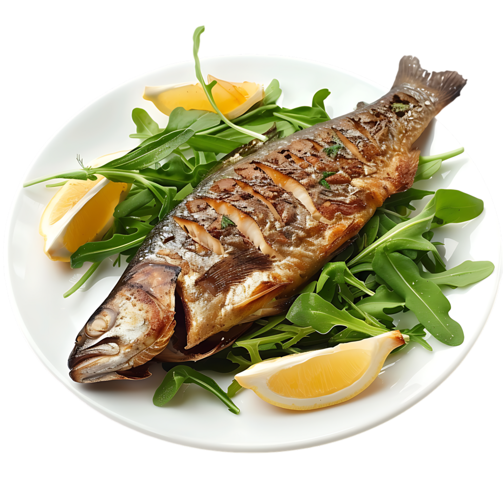 Fish roasted with greens on the plate png