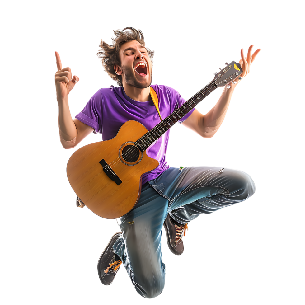 Full body singer excited happy young man he wears purple t shirt jump high playing guitar png