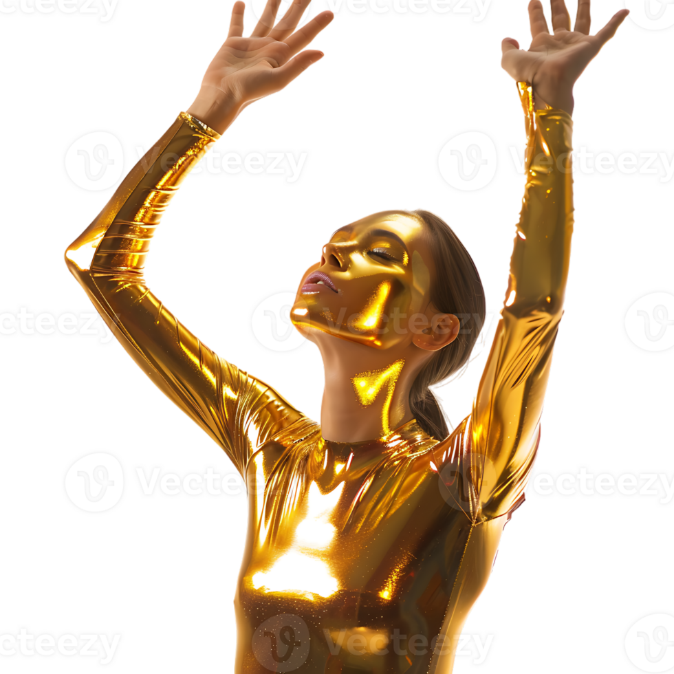 Golden skin model sensual woman with glowing metallic gold body makeup raising her hands png
