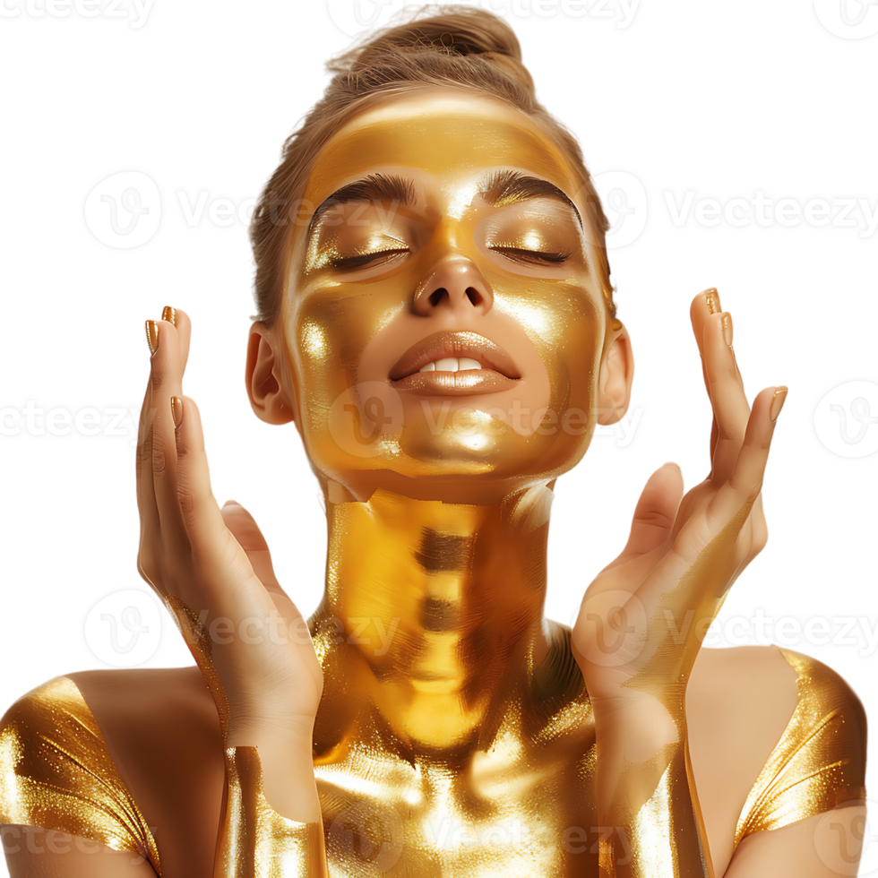 Golden skin model sensual woman with glowing metallic gold body makeup raising her hands png