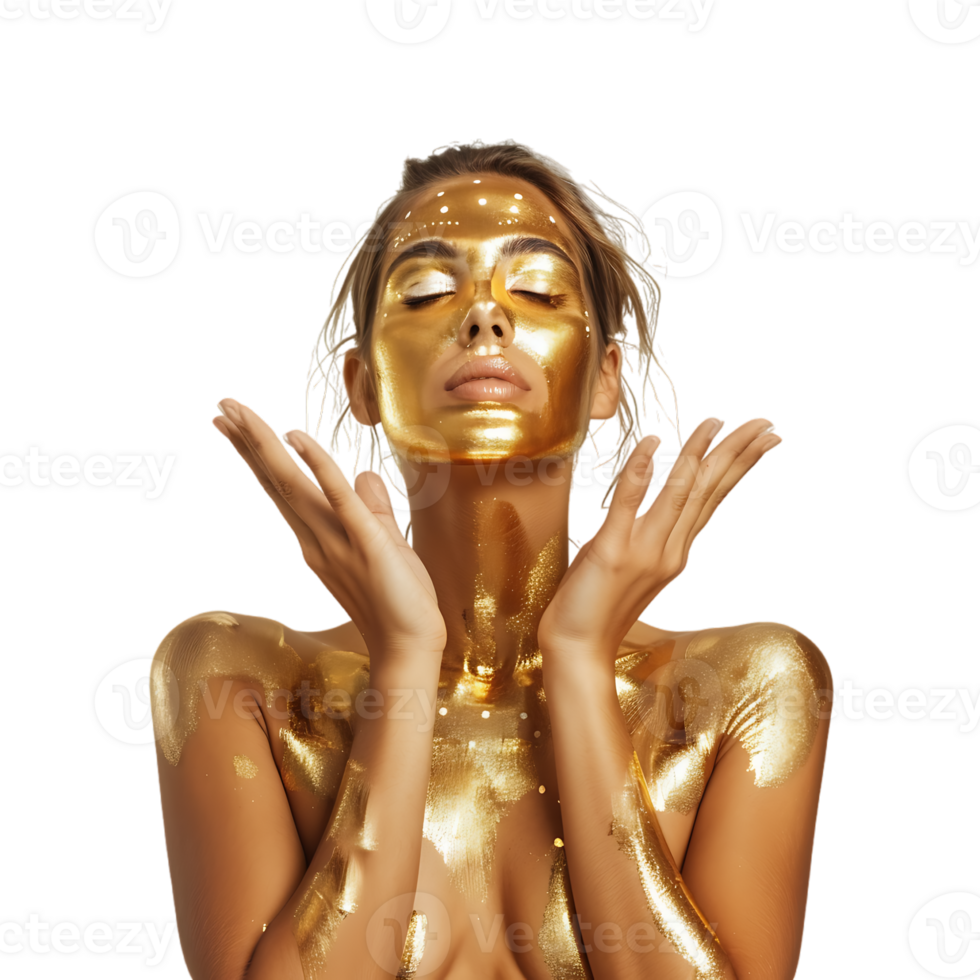 Golden skin model sensual woman with glowing metallic gold body makeup raising her hands png