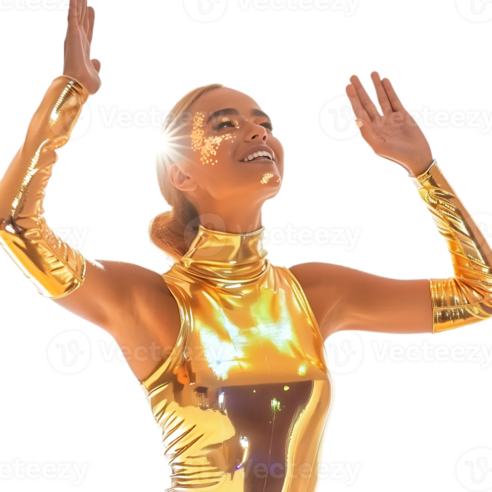Golden skin model sensual woman with glowing metallic gold body makeup raising her hands png