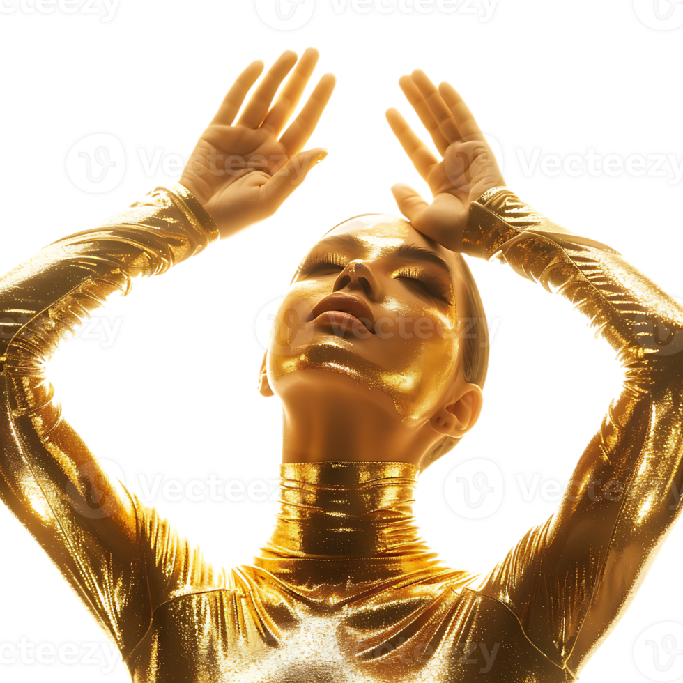 Golden skin model sensual woman with glowing metallic gold body makeup raising her hands png
