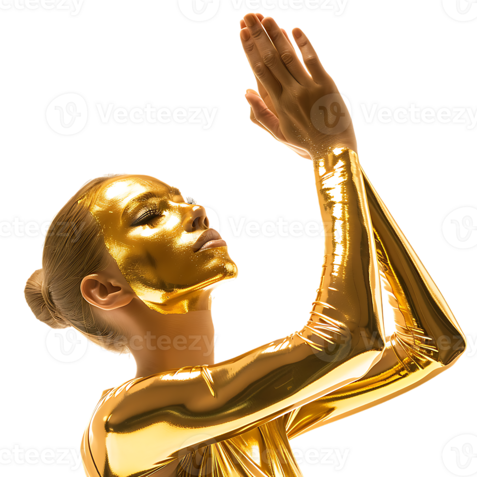 Golden skin model sensual woman with glowing metallic gold body makeup raising her hands png