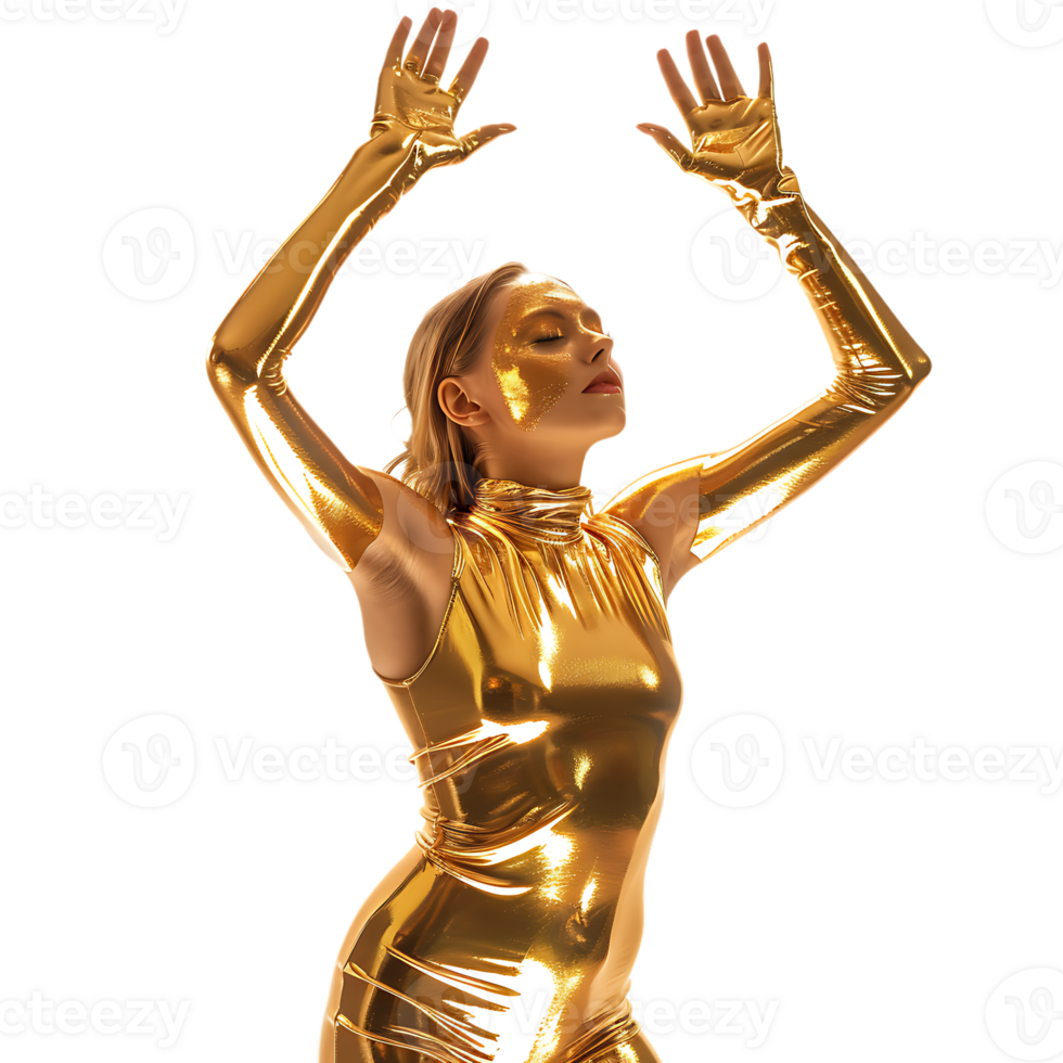Golden skin model sensual woman with glowing metallic gold body makeup raising her hands png