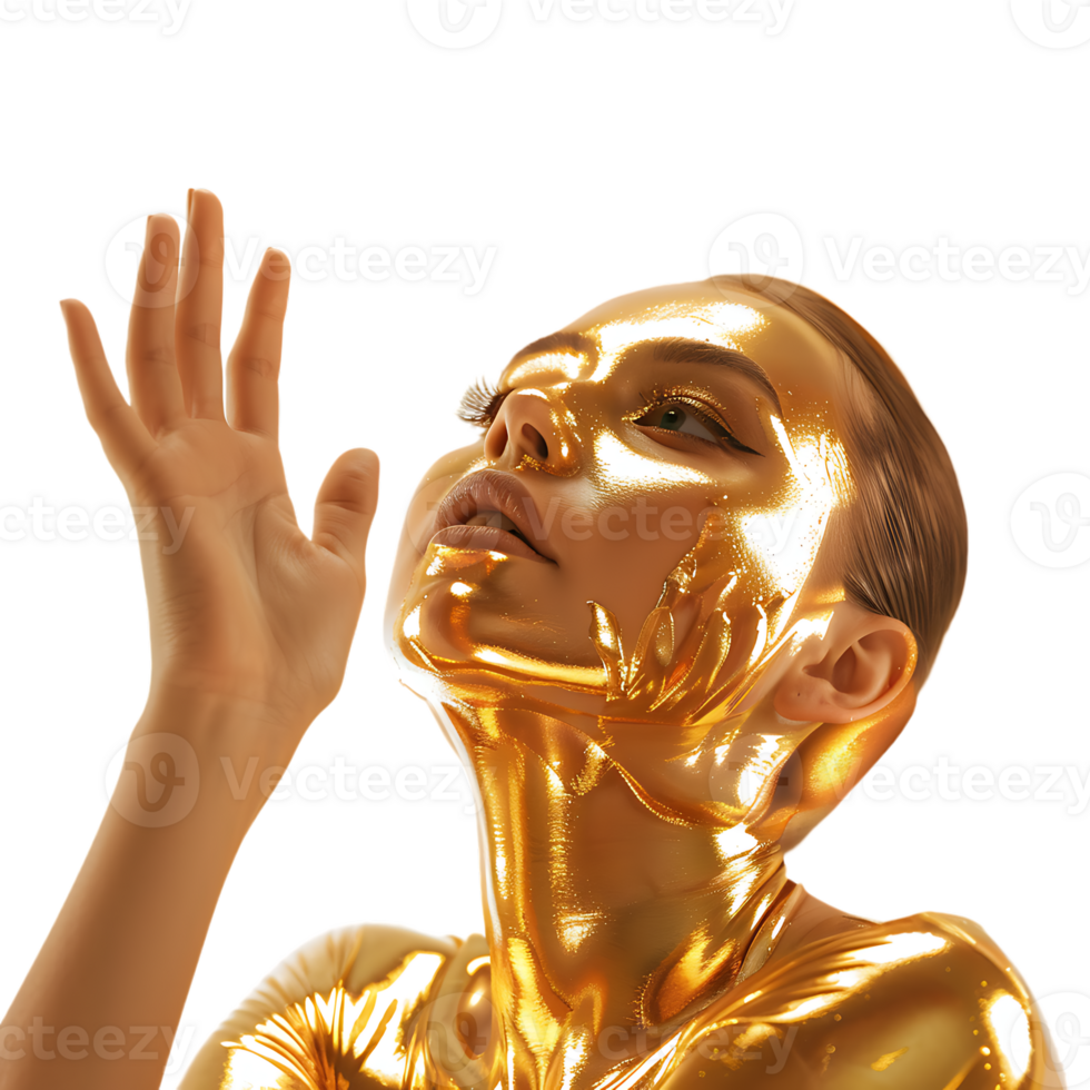 Golden skin model sensual woman with glowing metallic gold body makeup raising her hands png