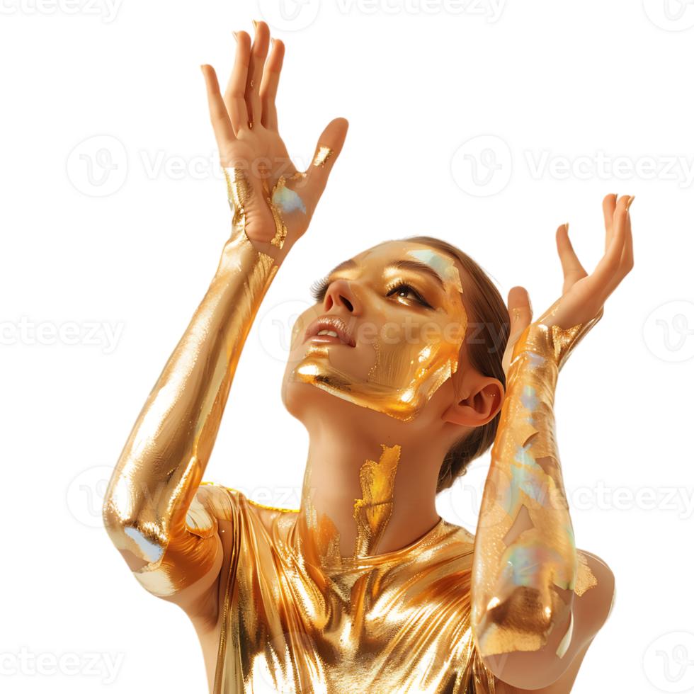Golden skin model sensual woman with glowing metallic gold body makeup raising her hands png