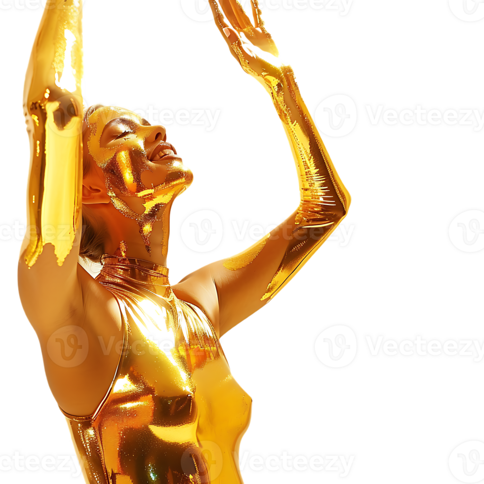 Golden skin model sensual woman with glowing metallic gold body makeup raising her hands png