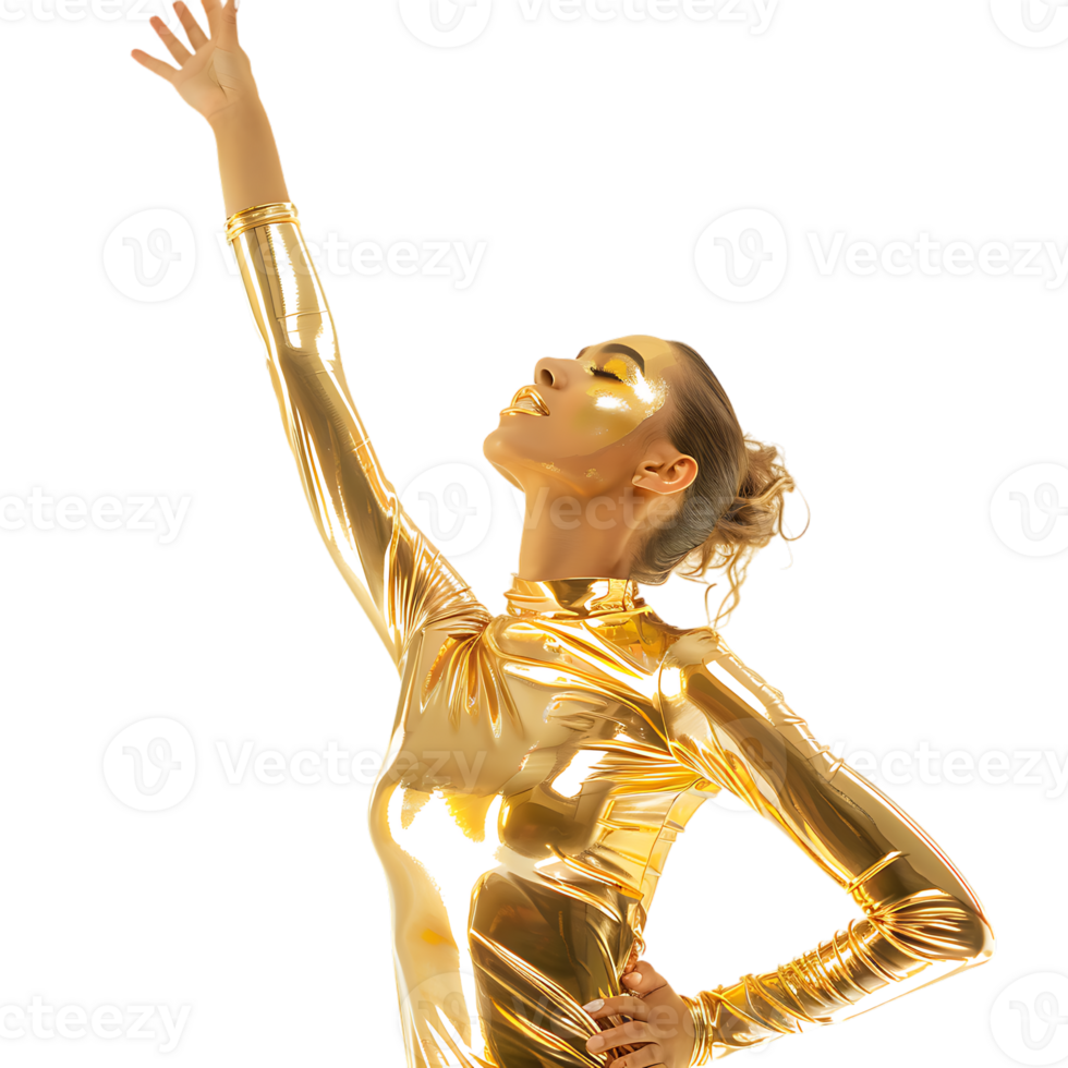 Golden skin model sensual woman with glowing metallic gold body makeup raising her hands png