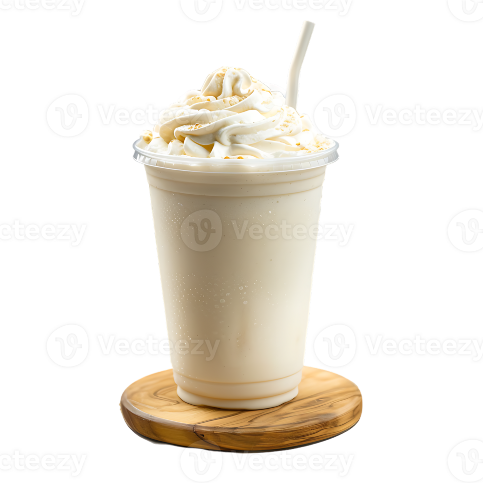 Iced vanilla milkshake and milk blended with ice cubes in a plastic cup on a wooden coaster png